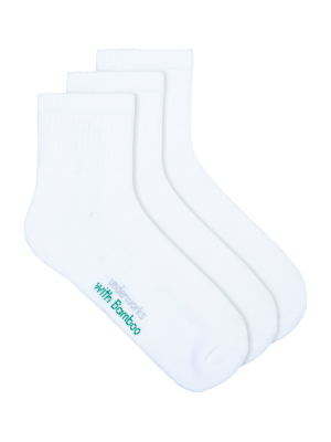 Mens white organic bamboo sports quarter crew socks - 3 pack